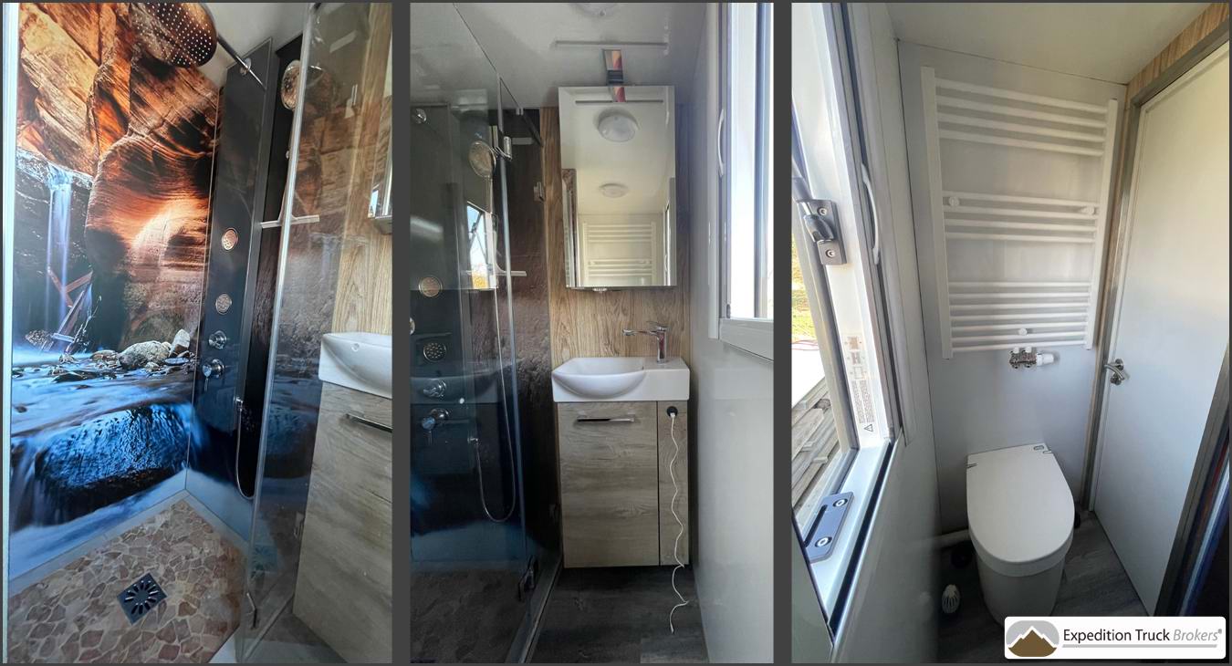 Mercedes 1222 Overland Truck badkamer met aparte douchecabine