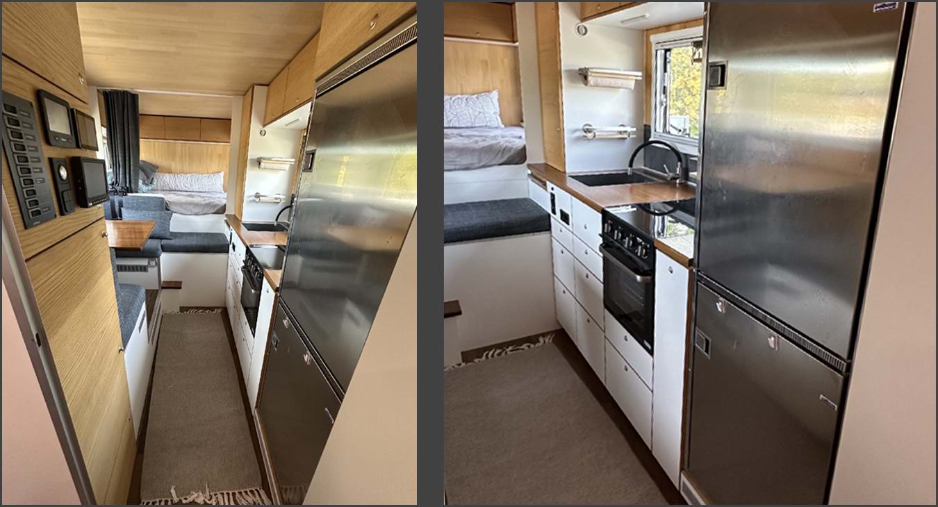 Küche in der Wohnkabine aus Holz des Mercedes-Benz Arocs 1835 4x4 Fernreisemobils