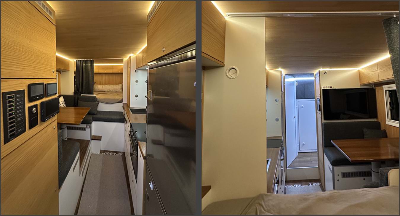 Innenraum des Mercedes-Benz Arocs 1835 Fernreisemobils mit Holzkoffer und Naturholz-Interieur