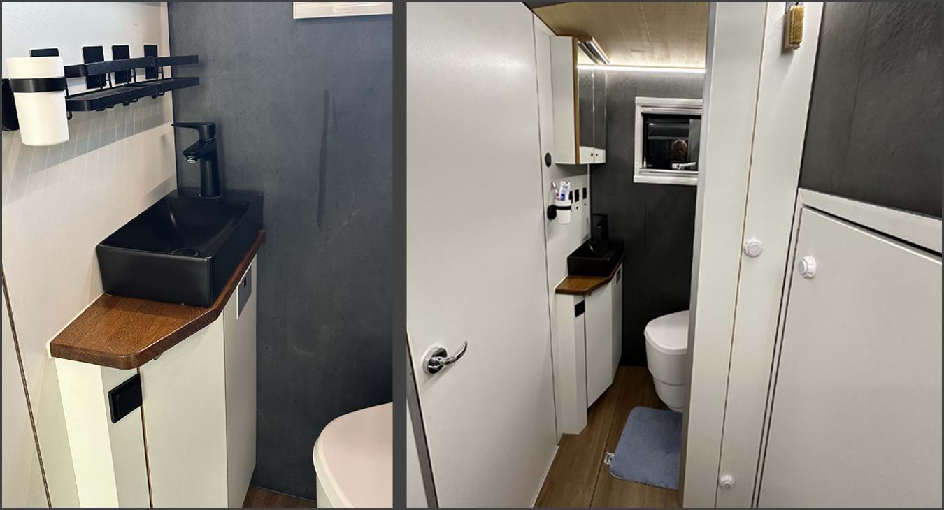 Bad mit Schieferdusche im Holzkoffer des Mercedes-Benz Arocs 1835 4x4 Fernreisemobils