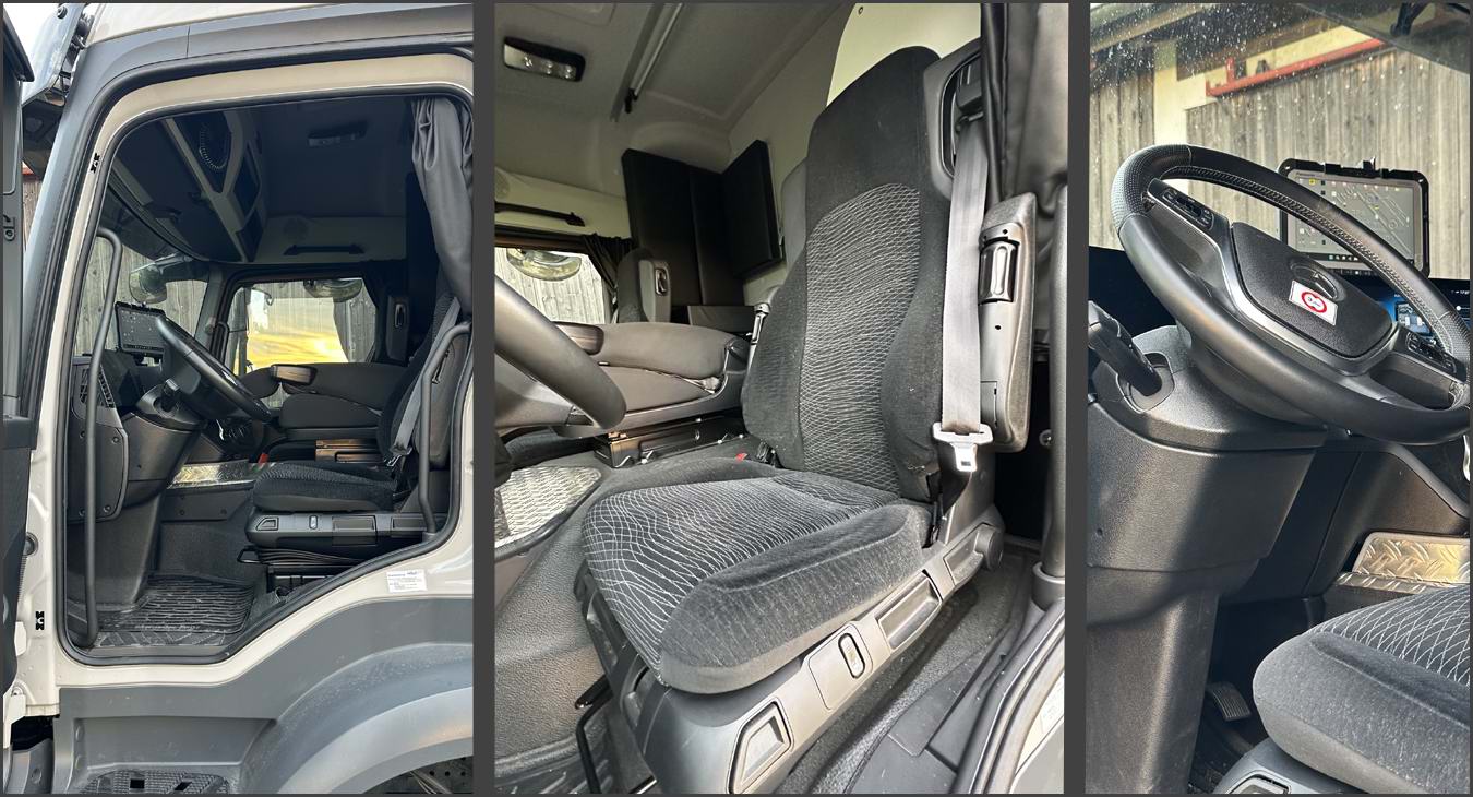Fahrerhaus des Mercedes-Benz Arocs 1835 4x4 Fernreisemobils mit eingetragenem Mittelsitz
