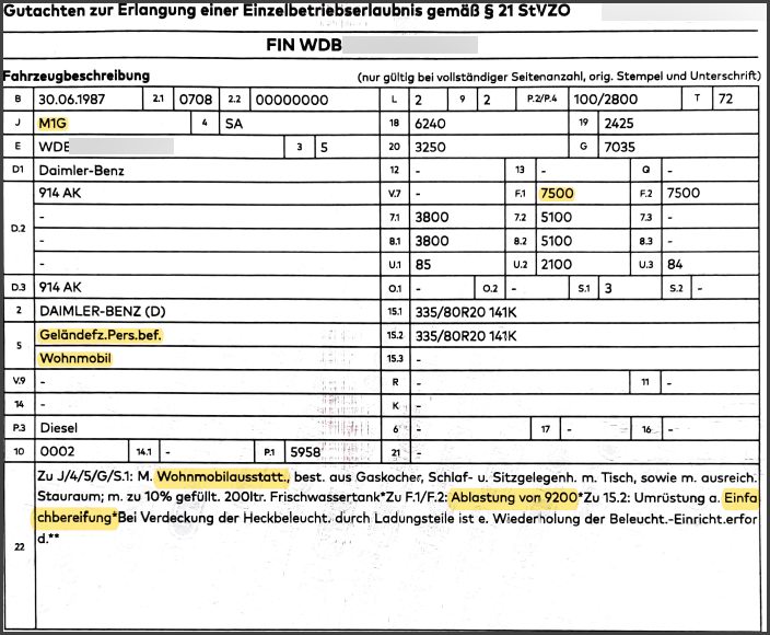 Mercedes 4x4 Expeditionsfahrzeug Gutachten Vollabnahme 