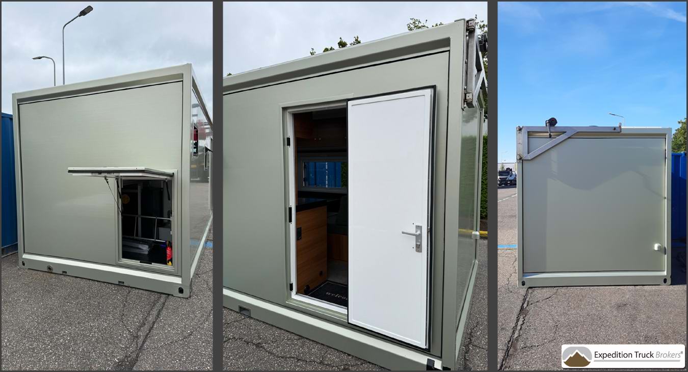 All sides view of insulated expedition living unit with windows and entrance door